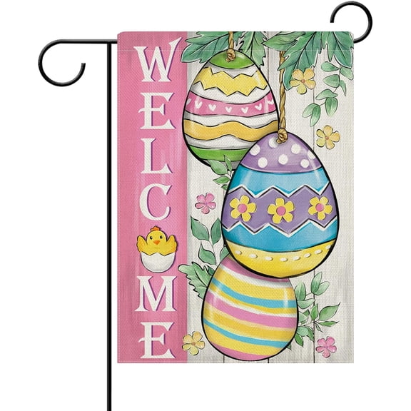 Welcome Easter Eggs Decorative Garden Flag, Pink Yellow Floral Flowers Leaves Yard Outside Home Decorations, Chick Farmhouse Burlap Outdoor Small Decor Double Sided 12 x 18