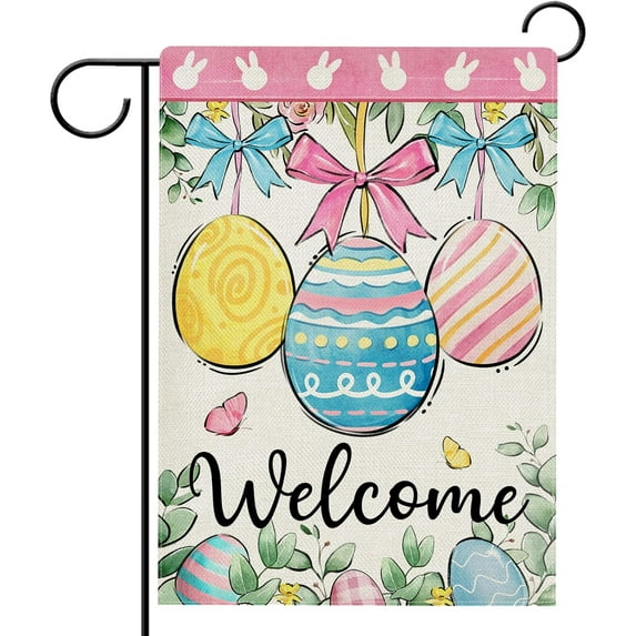 Welcome Easter Eggs Garden Flag Double Sided, Eucalyptus Leaves Bunny Rabbit Decorative Yard Outdoor Home Small Decor, Spring Bow Butterfly Flowers Burlap Outside House Decoration 12x18