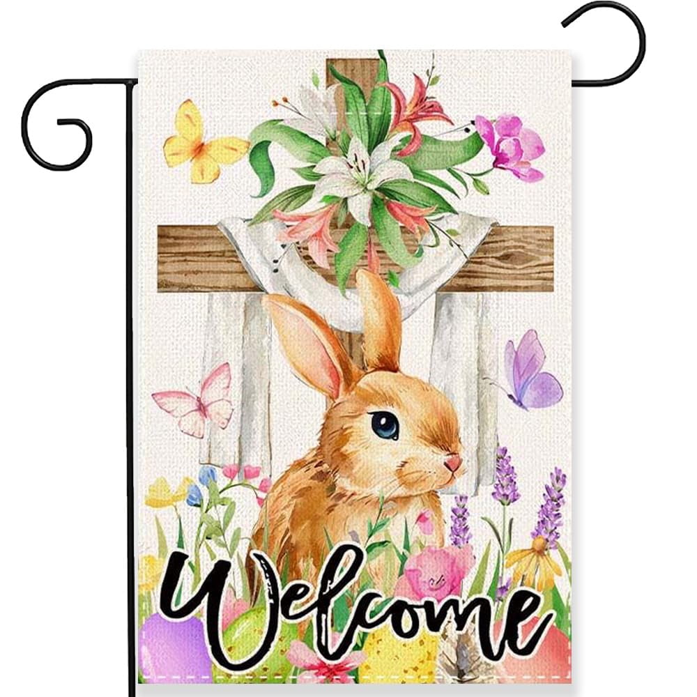 Welcome Easter Garden Flag Bunny Cross Flowers Double Sided Rabbit ...