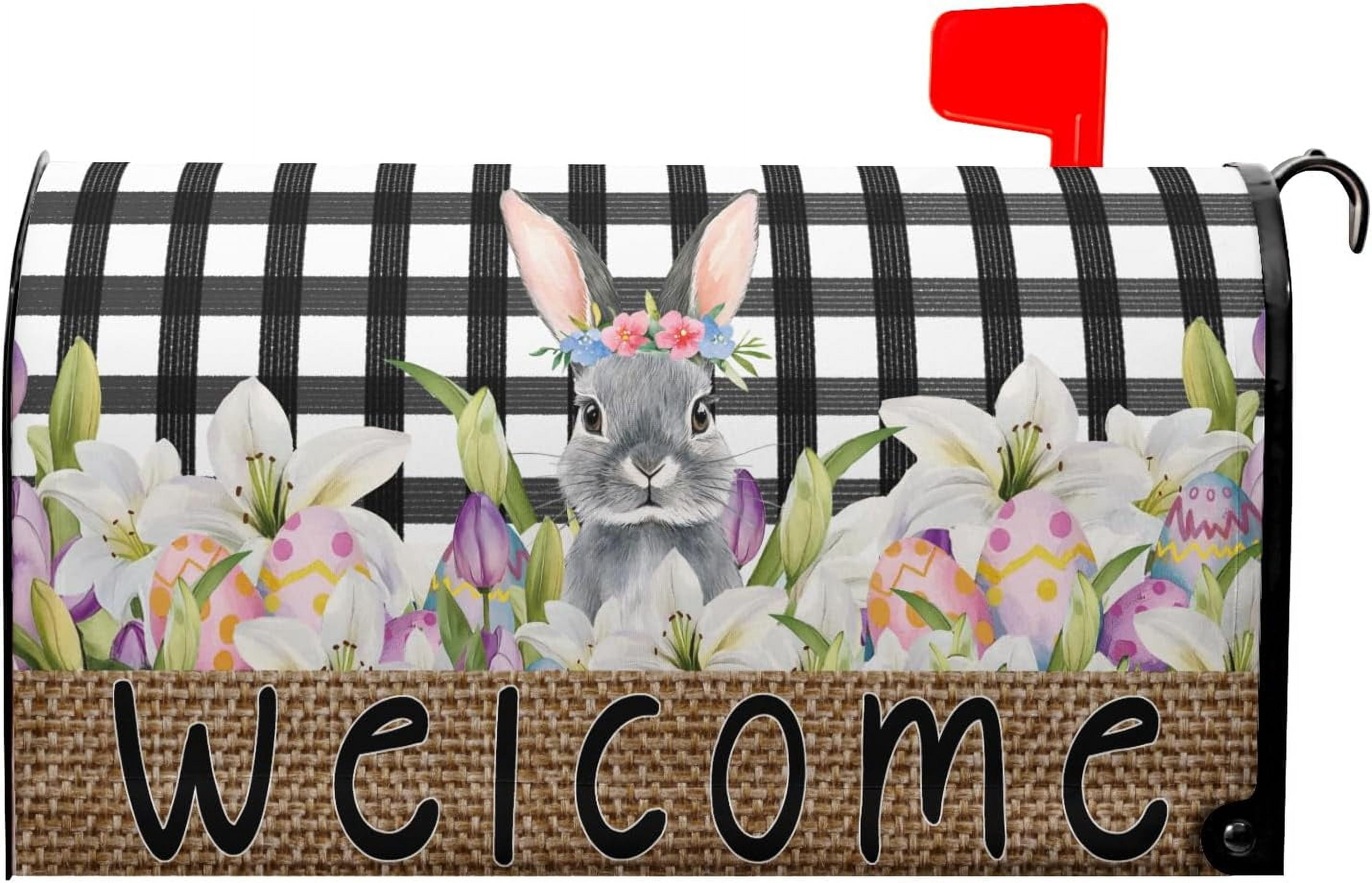 Welcome Easter Mailbox Cover Magnetic Standard Size 21x18 Inch Spring Rabbit Buffalo Plaid Check Decorative Post Letter Box Wrap Bunny and Egg Postbox Covers for Garden Yard Outdoor