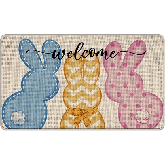 Welcome Easter Peeps Bunny Decorative Front Door Mat, Cute Rabbit Doormat Indoor Outdoor Non-Slip Floor Entryway Rug, Spring Home Kitchen Decoration 17x30 Inch