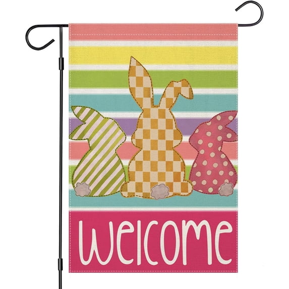 Welcome Easter Rabbits Garden Flags for Outside 12.5x18 Double Sided, Colorful Bunnies Small Yard Decoration, Seasonal Spring Celebration Decor for Farmhouse Holiday Outdoor