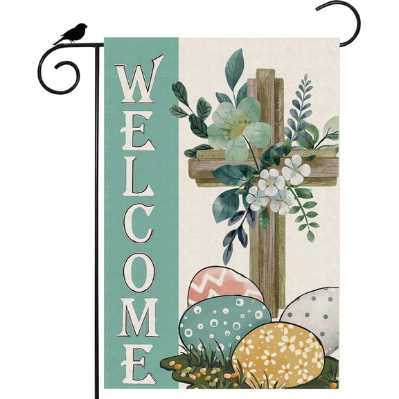 Welcome Easter Watercolor Cross Colorful Eggs Flowers Leaves Spring Garden Flag Yard Flag 12x18 Inch Double Sided Small Mini Yard Outdoor Outside Holiday Decoration