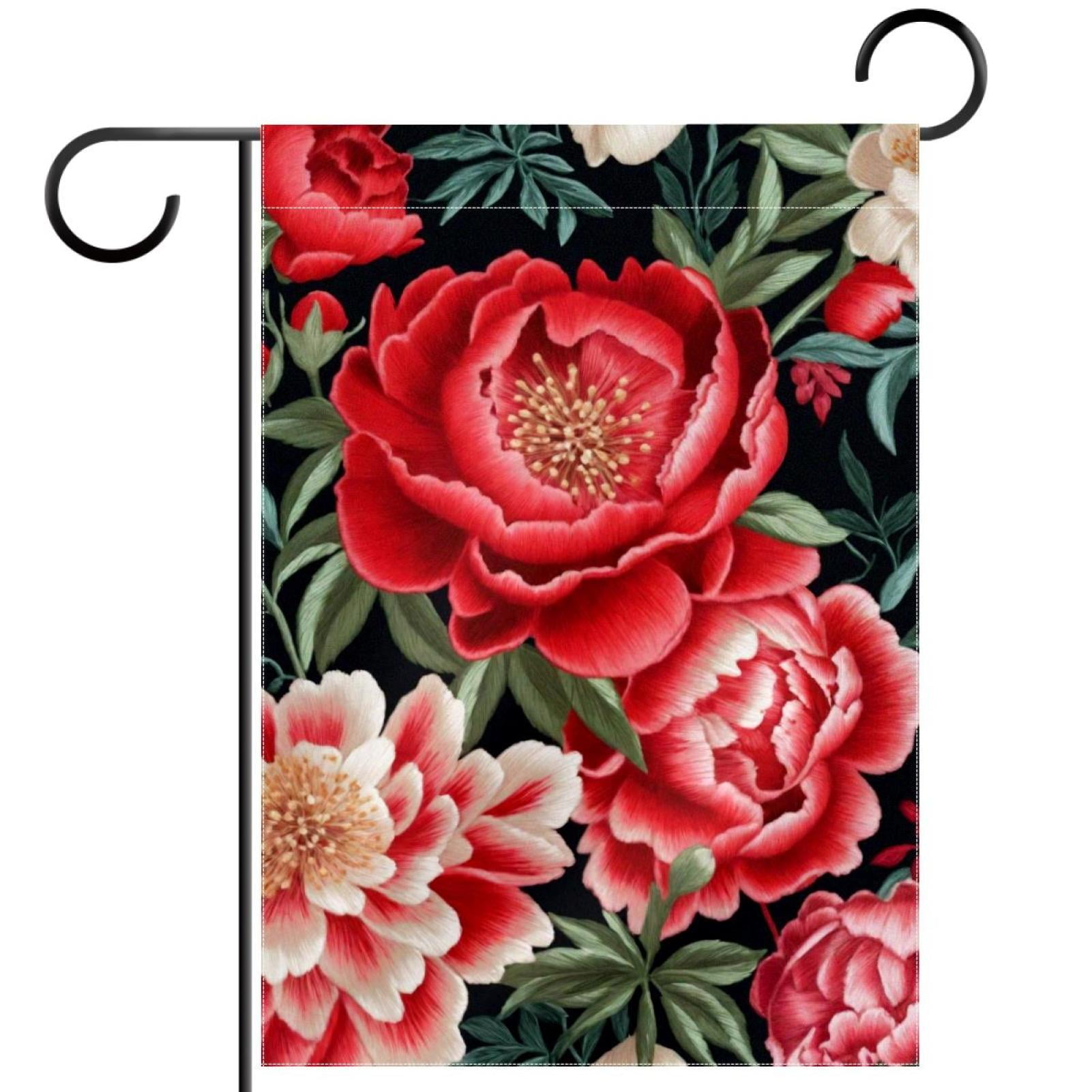 Welcome Embroidery Peonies and Wild Red Roses Flowers Garden Flag, Vertical Double Sided Small House Flag, Yard Farmhouse Outdoor Deck Veranda Lawn Decor 28x40 Inch