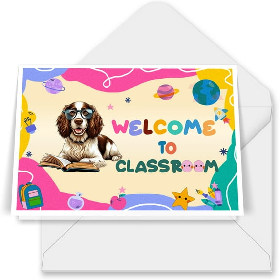 Welcome to English Springer Spaniel Classroom Teacher Dog Mom 7x5in Folded Greeting Card Springers Dog Lover Gifts Single Note Card with Envelope - 02015