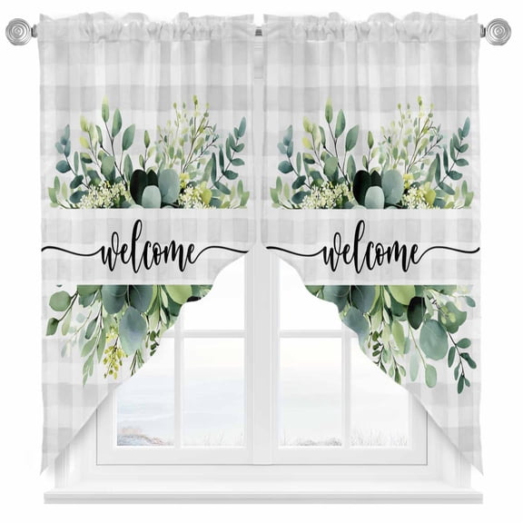 Welcome Eucalyptus Leaves Swag Kitchen Curtain Valances, Green Leaf White Gray Plaid Rod Pocket Curtains Window Treatment Decor Valances for Bedroom Bathroom, 2 Panels 36 x 45 Inch