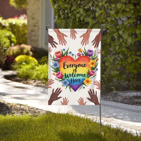 Welcome Everyone Garden Flag 12x18 Inch Double Sided Rainbow Heart Floral Design Inclusive Outdoor Yard Flag LGBTQ+ Pride Decoration Spring Summer Decor