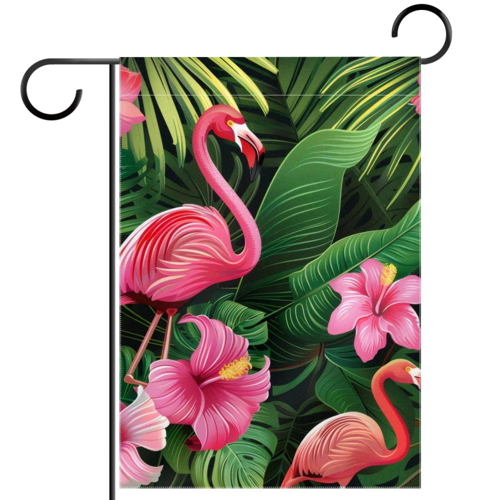 Exotic Flowers Palm Leaves Pink Flamingos Garden Flag, Vertical