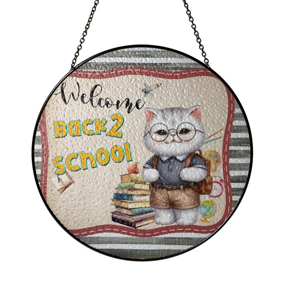 Welcome Exotic Shorthair Back to School Vintage Retro Stained Glass Suncatcher Cat Lover Kitten Owner Gifts Window Hanging Sign Decor - 02012