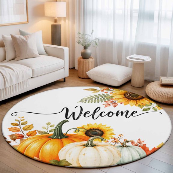 Welcome Fall 3.3' Round Washable Rugs for Bedside Reading Corner, Thanksgiving Harvest Pumpkin Sunflower Maple Leaves Berry Stain Proof Non Slip Circle Area Rug for Entryway Front door