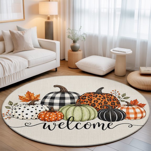 Welcome Fall 3' Round Rug for Bathroom Accent Bedside Corner, Thanksgiving Harvest Black Orange Green Pumpkin Berry Washable Non Slip Soft Circle Area Rug for Small Spaces Entryway