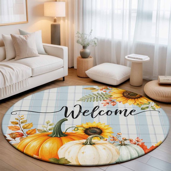 Welcome Fall 3' Round Rug for Bathroom Accent Bedside Corner, Thanksgiving Pumpkin Sunflower Maple Leaves Blue Plaid Washable Non Slip Soft Circle Area Rug for Small Spaces Entryway