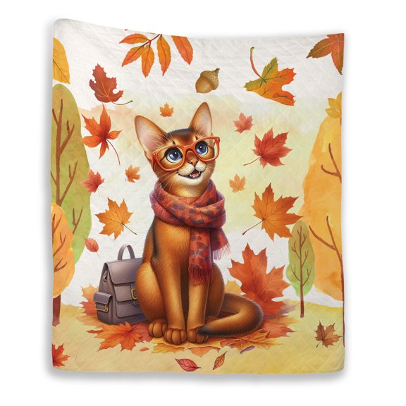 Welcome Fall Abyssinian Enjoys School Time Autumn Fall Leaves Quilt Blanket Cat Lover Kitten Owner Gifts Cozy Comforter Throw Blanket - 02013