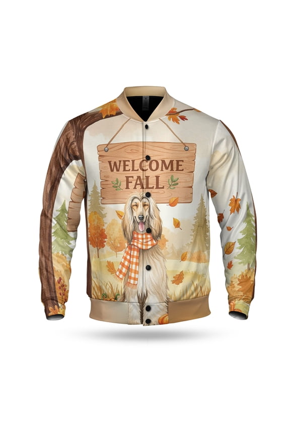 Welcome Fall Afghan Hound Cozy Autumn Field Pumpkins Golden Leaves All Over Print 3D Baseball Jacket Dog Lover Bomber Jacket Softball - 12013
