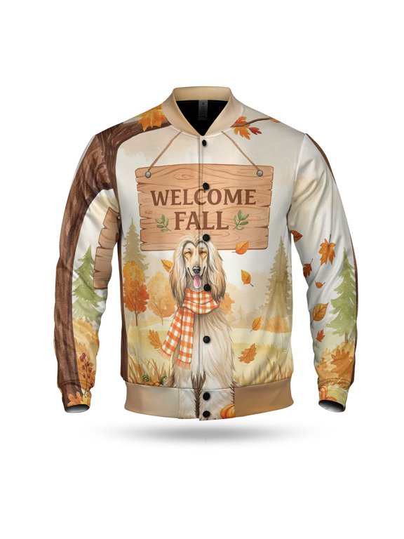 Welcome Fall Afghan Hound Cozy Autumn Field Pumpkins Golden Leaves All Over Print 3D Baseball Jacket Dog Lover Bomber Jacket Softball - 12013