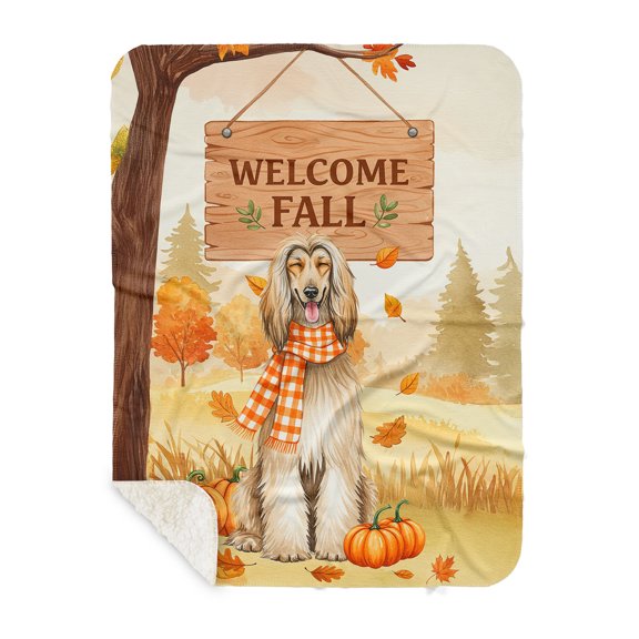 Welcome Fall Afghan Hound Cozy Autumn Field Pumpkins Golden Leaves Cozy Sherpa Blanket Dog Lover Warm Soft Throw Blanket - 12013