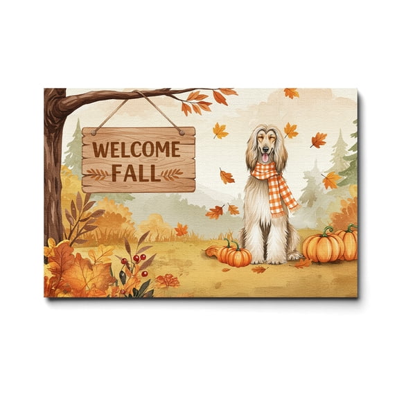 Welcome Fall Afghan Hound Cozy Autumn Field Pumpkins Golden Leaves Horizontal Matte Canvas Poster Dog Lover Wall Art Home Decor - 12013