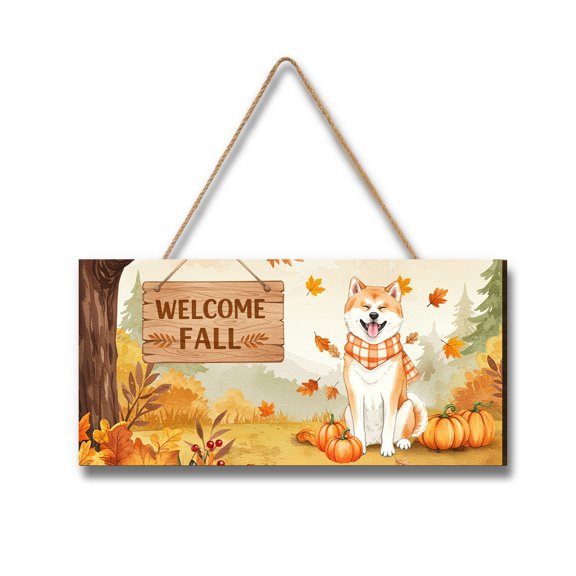 Welcome Fall Akita Cozy Autumn Field Pumpkins Golden Leaves Landscape Wood Sign Inu Dog Lover Hanging Wall Home Decor - 12013
