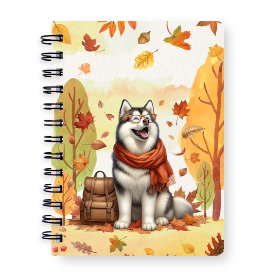 Welcome Fall Alaskan Malamute Enjoys School Time Autumn Fall Leaves Spiral Bound Journal Alaska Mal Dog Lovers Gifts 5x7in Spiral Notebook - 02013