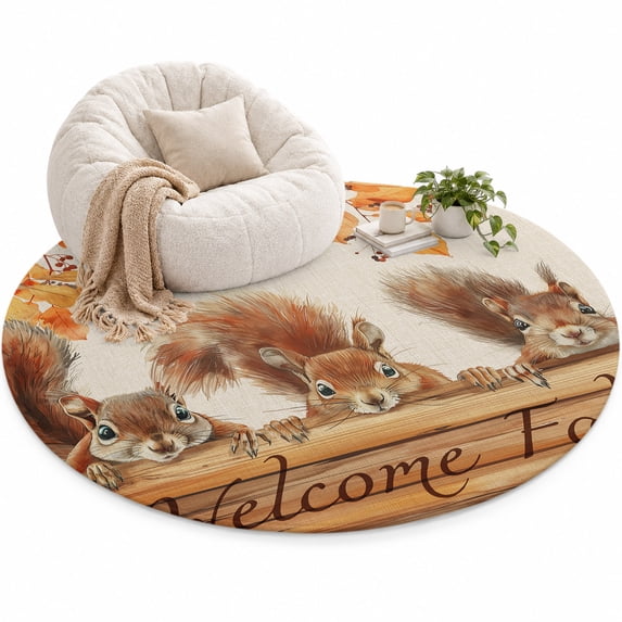 Welcome Fall Area Rug 5', Squirrel Leaves Retro Linen Soft Mat Non-Slip ...