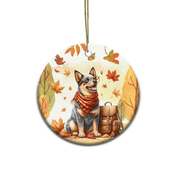 Welcome Fall Australian Cattle Dog Enjoys School Time Autumn Fall Leaves Ceramic Round Ornament Heeler Lover Gifts Home Tree Decor - 02013