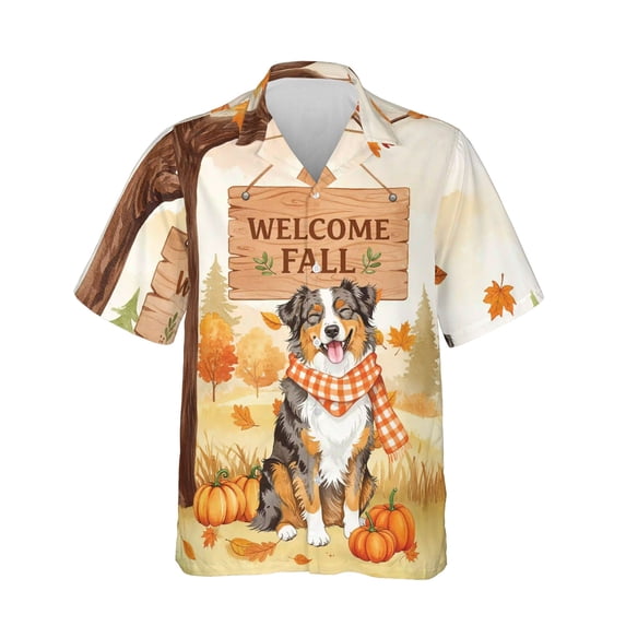 Welcome Fall Australian Shepherd Cozy Autumn Field Pumpkins Golden Leaves Hawaiian Shirt Breathable Summer Unisex Merch Aussie Dog Lover Gifts - 12013