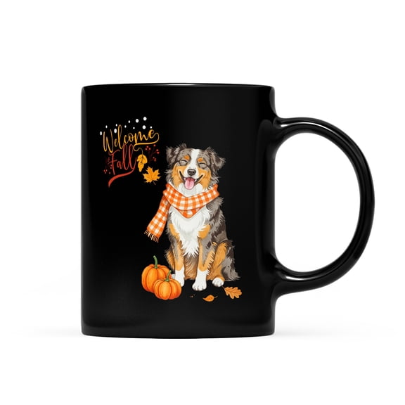 Welcome Fall Australian Shepherd Cozy Autumn Field Pumpkins Golden Leaves Mug Aussie Dog Lover Gifts Coffee Tea Cup - 12013