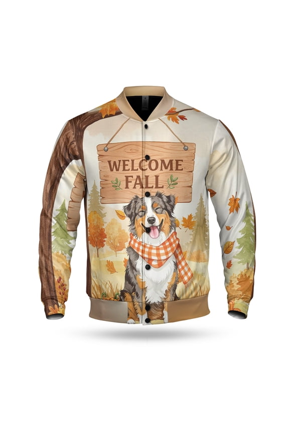 Welcome Fall Australian Shepherd Cozy Autumn Field Pumpkins Golden Leaves All Over Print 3D Baseball Jacket Aussie Dog Lover Gifts Bomber Jacket Softball - 12013