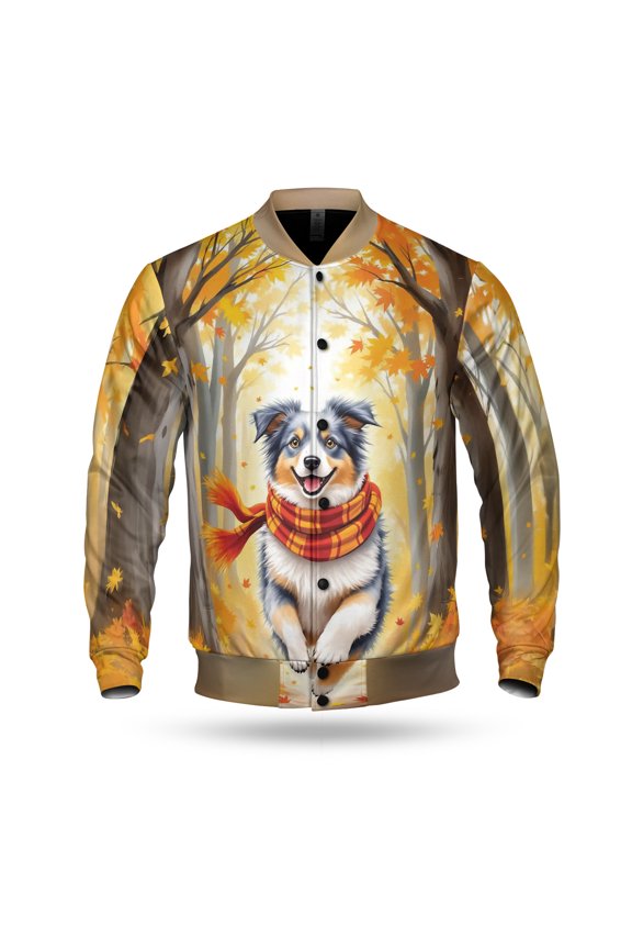 Welcome Fall Australian Shepherd Strolling Through the Autumn Maple Forest All Over Print 3D Baseball Jacket Aussie Dog Lover Gifts Bomber Jacket Softball - 12012
