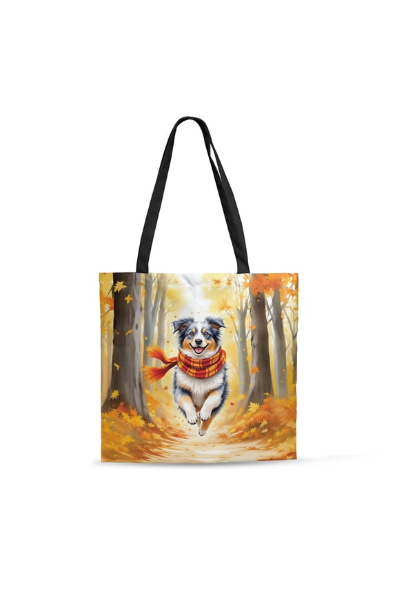 Welcome Fall Australian Shepherd Strolling Through the Autumn Maple Forest All Over Print 3D Canvas Tote Bag Aussie Dog Lover Gifts Reusable Handbag - 12012