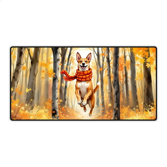 Welcome Fall Basenji Strolling Through the Autumn Maple Forest Desk Mat Full Keyboard Mouse Pad African Barkless Dog Lover Large Mousepad - 12012