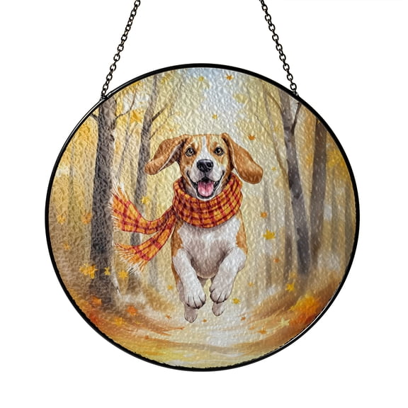 Welcome Fall Beagle Strolling Through the Autumn Maple Forest Stained Glass Suncatcher Beagles Dog Lover Gifts Idea Window Hanging Sign Decor - 12012
