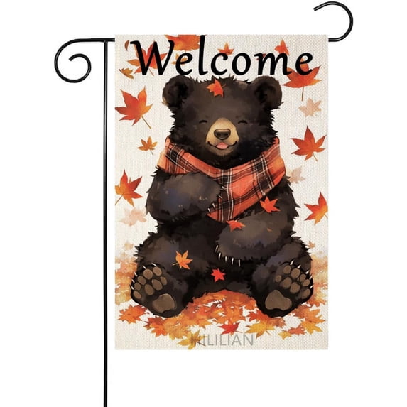 Welcome Fall Bear Garden Flag 12x18 Inch Double Sided With Maple Leaf Buffalo Plaid Scarf Autumn Thanksgiving Outdoor House Yard Decoration