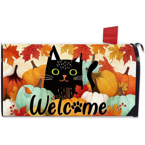 Welcome Fall Black Cat Mailbox Cover Magnetic Standard Size 21" x 18", Autumn Kitty Pumpkin Maple Leaves Decorative Post Letter Box Decor, Thanksgiving Farmhouse Garden Yard Outdoor Decoration