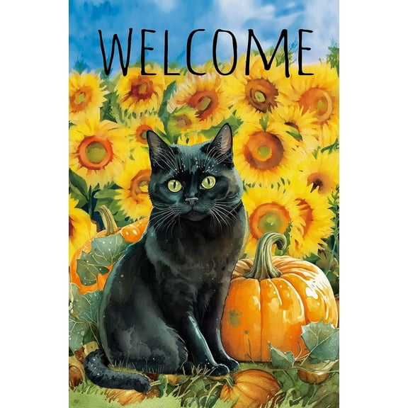 Welcome Fall Black Cat Sunflower Pumpkin Harvest Decoration Garden Flag Autumn Thanksgiving Kitty Farmhouse Outdoor Yard Banner 12" x 18"