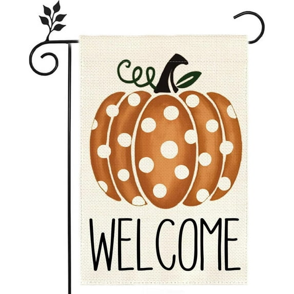 Welcome Fall Blue Yellow Pumpkin Dot Bulap Linen Double-side 12.5x18in Garden Flag, Home Outdoor Yard Decoration Indoor Wall Window Decor