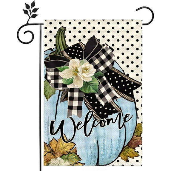 Welcome Fall Blue Yellow Pumpkin Dot Bulap Linen Double-side 12.5x18in Garden Flag, Home Outdoor Yard Decoration Indoor Wall Window Decor