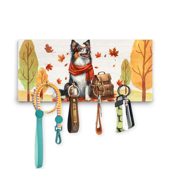 Welcome Fall Border Collie Enjoys School Time Autumn Fall Leaves Wood Key Holder Borders Dog Lovers Gifts Idea Wall-mounted Key Rack Home Decor - 02013