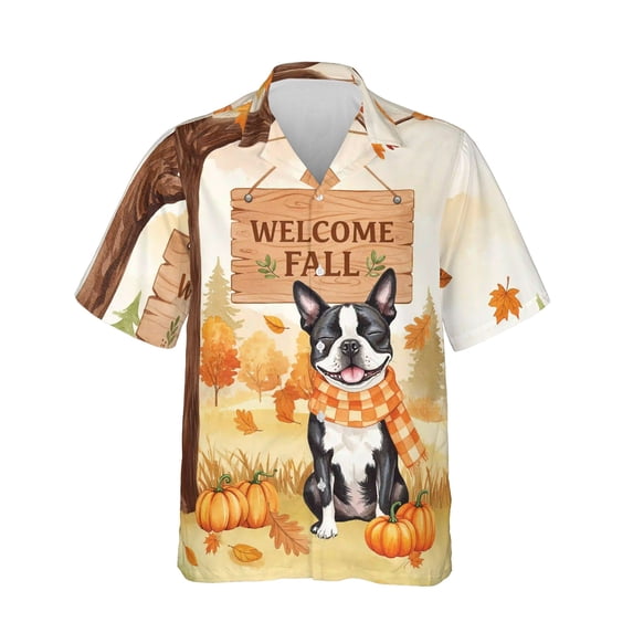 Welcome Fall Boston Terrier Cozy Autumn Field Pumpkins Golden Leaves Hawaiian Shirt Breathable Summer Unisex Merch Gentleman Dog Lover Gifts - 12013
