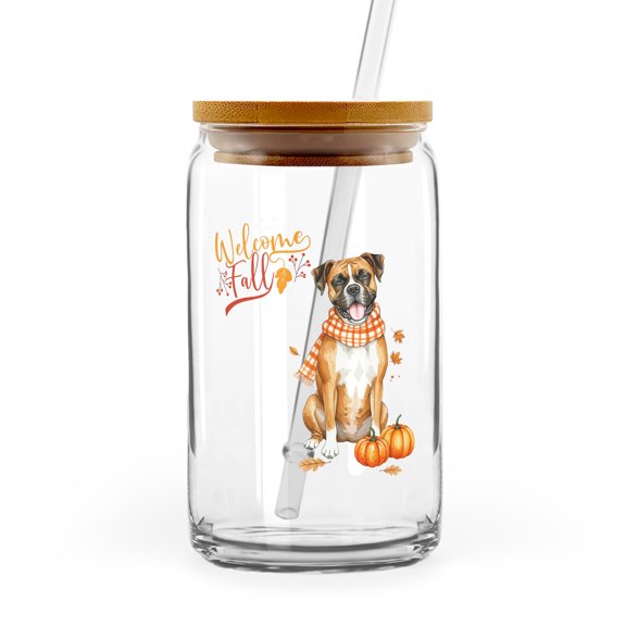 Welcome Fall Boxer Cozy Autumn Field Pumpkins Golden Leaves 16oz Glass Cup Mug Boxers Dog Lover Gifts Idea Glass Can with Bamboo Lid and Straw - 12013