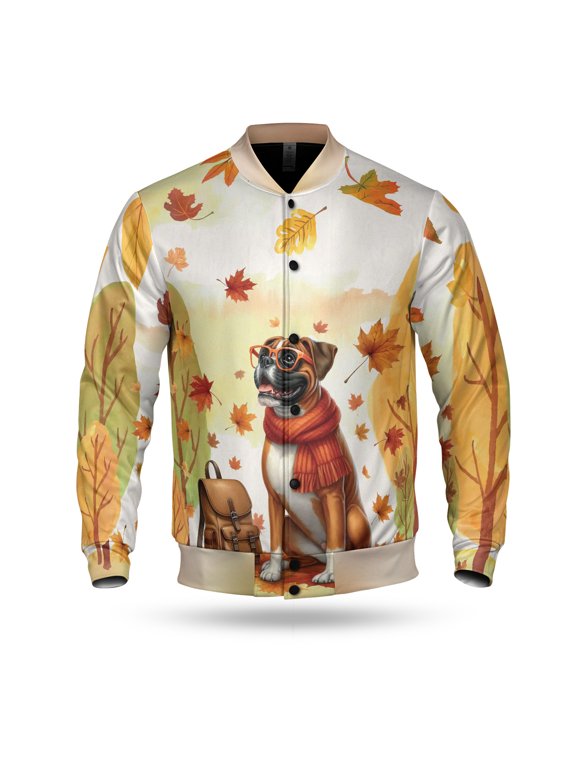 Welcome Fall Boxer Enjoys School Time Autumn Fall Leaves All Over Print 3D Baseball Jacket Boxers Dog Lover Gifts Idea Bomber Jacket Softball - 02013