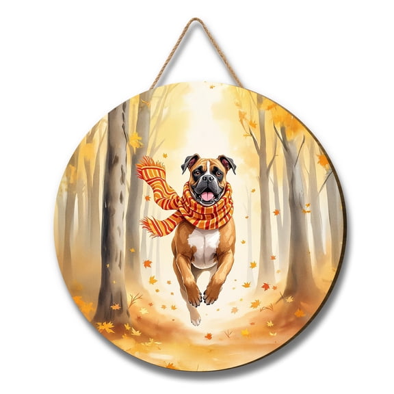 Welcome Fall Boxer Strolling Through the Autumn Maple Forest Round Wood Sign Boxers Dog Lover Gifts Idea Hanging Wall Home Decor - 12012