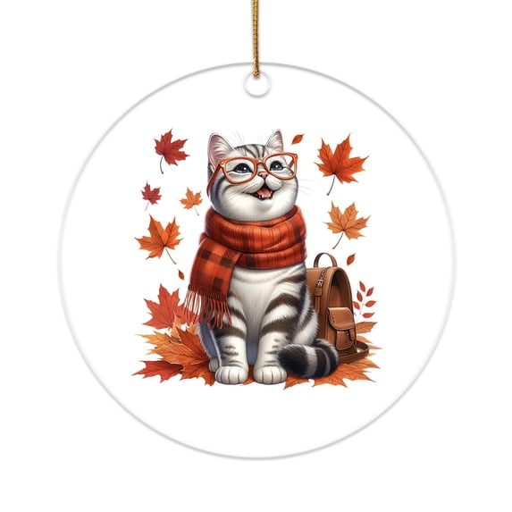 Welcome Fall British Shorthair Enjoys School Time Autumn Fall Leaves Acrylic Round Ornament Cat Lover Kitten Owner Gifts Home Tree Decor - 02013