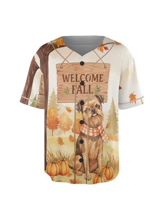 Welcome Fall Brussels Griffon Cozy Autumn Field Pumpkins Golden Leaves All Over Print 3D Baseball Shirt Griff Dog Lover Softball Sport - 12013
