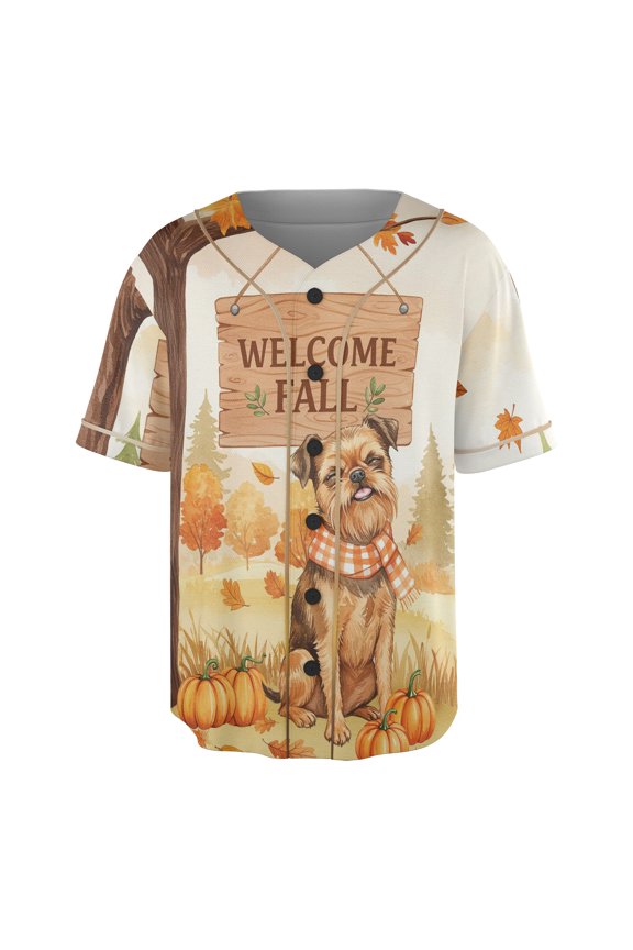 Welcome Fall Brussels Griffon Cozy Autumn Field Pumpkins Golden Leaves All Over Print 3D Baseball Shirt Griff Dog Lover Softball Sport - 12013