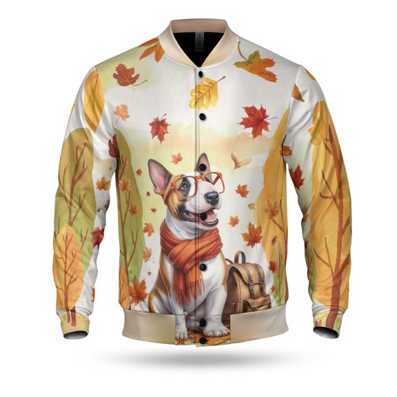Welcome Fall Bull Terrier Enjoys School Time Autumn Fall Leaves All Over Print 3D Baseball Jacket Bully Dog Lovers Gifts Idea Bomber Jacket Softball - 02013