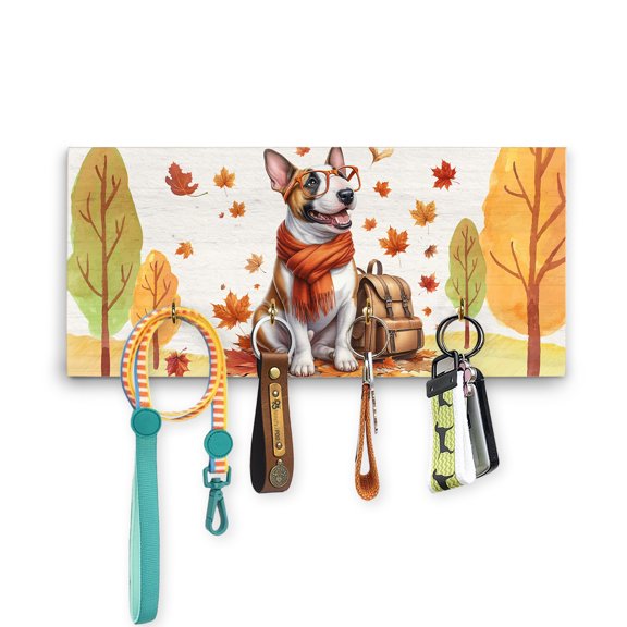 Welcome Fall Bull Terrier Enjoys School Time Autumn Fall Leaves Wood Key Holder Bully Dog Lovers Gifts Idea Wall-mounted Key Rack Home Decor - 02013