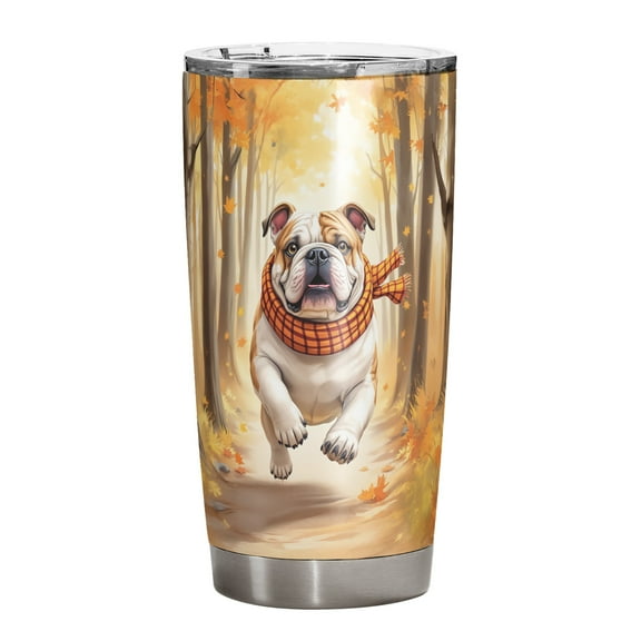 Welcome Fall Bulldog Strolling Through the Autumn Maple Forest 20oz Stainless Steel Tumbler Insulated Cup with Lid Dog Lover Gifts Idea - 12012