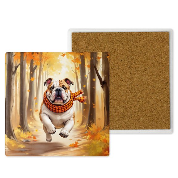 Welcome Fall Bulldog Strolling Through the Autumn Maple Forest Set of 4 Stone Coasters Dog Lover Gifts Idea 4x4in Absorbent Soapstone Coaster - 12012