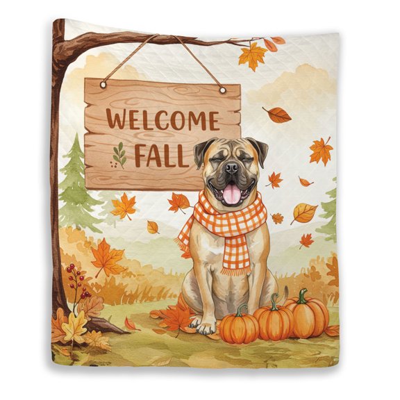 Welcome Fall Bullmastiff Cozy Autumn Field Pumpkins Golden Leaves Quilt Blanket Dog Lover Cozy Comforter Throw Blanket - 12013